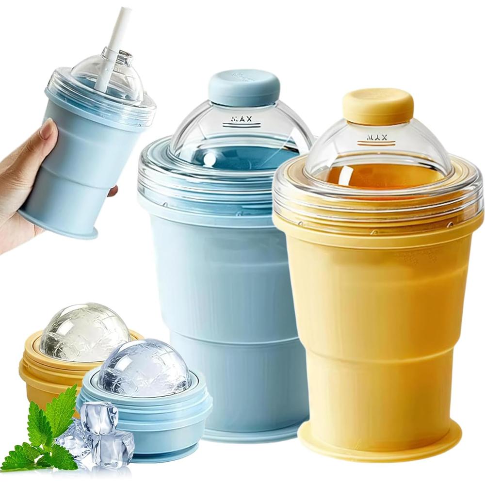 Folding Ice Cube Cup, 2-In-1 Collapsible Ice Ball Cup With Straw & Lid, Foldable Silicone Ice Cube Tray & Travel Cup, for Coffee