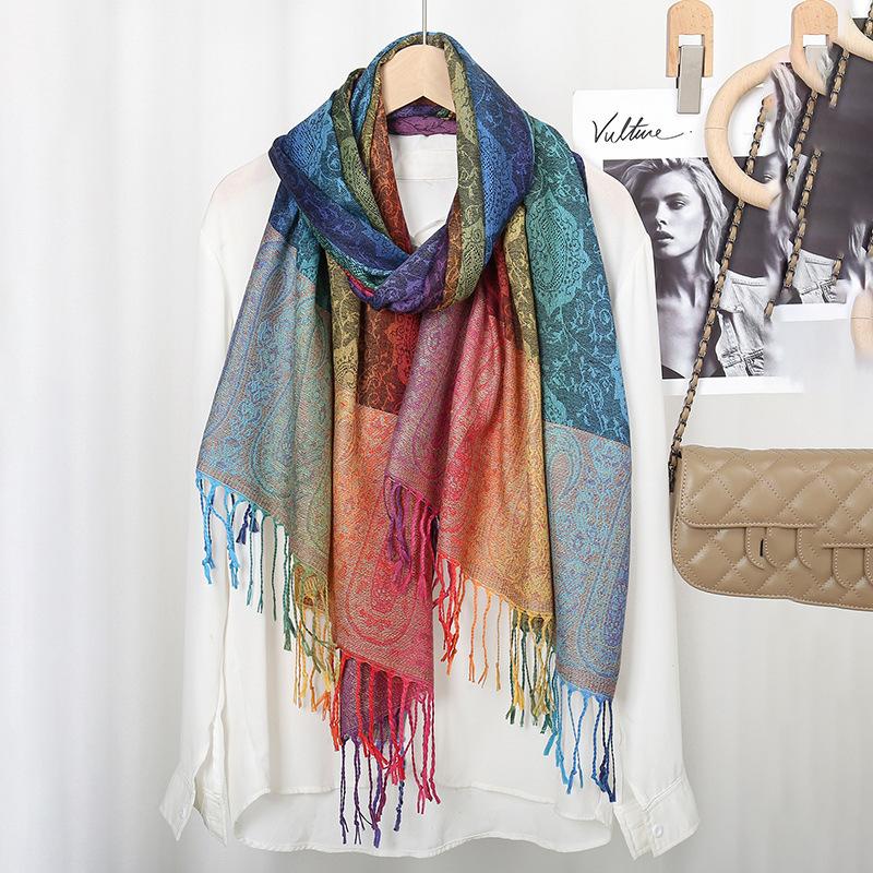 Ethnic Style Colorful Cashew Embroidered Long Scarf Rainbow Gradient Tassel Scarf Shawl Women's Headscarf