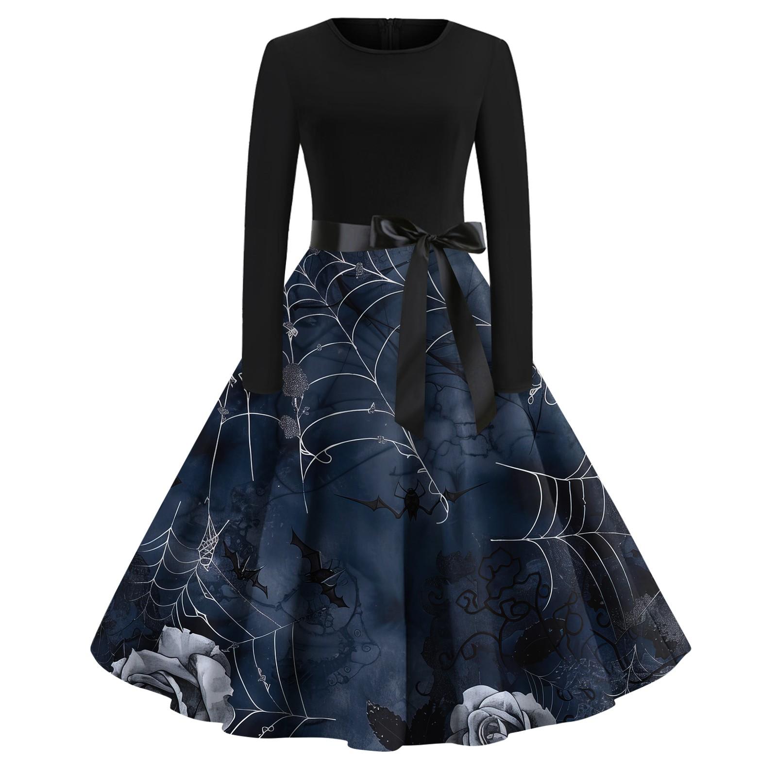 

Платье-клеш с принтом на Хэллоуин для женщин с длинным рукавом, повседневные платья с круглым вырезом и ажурной отделкой XL тёмно-синий