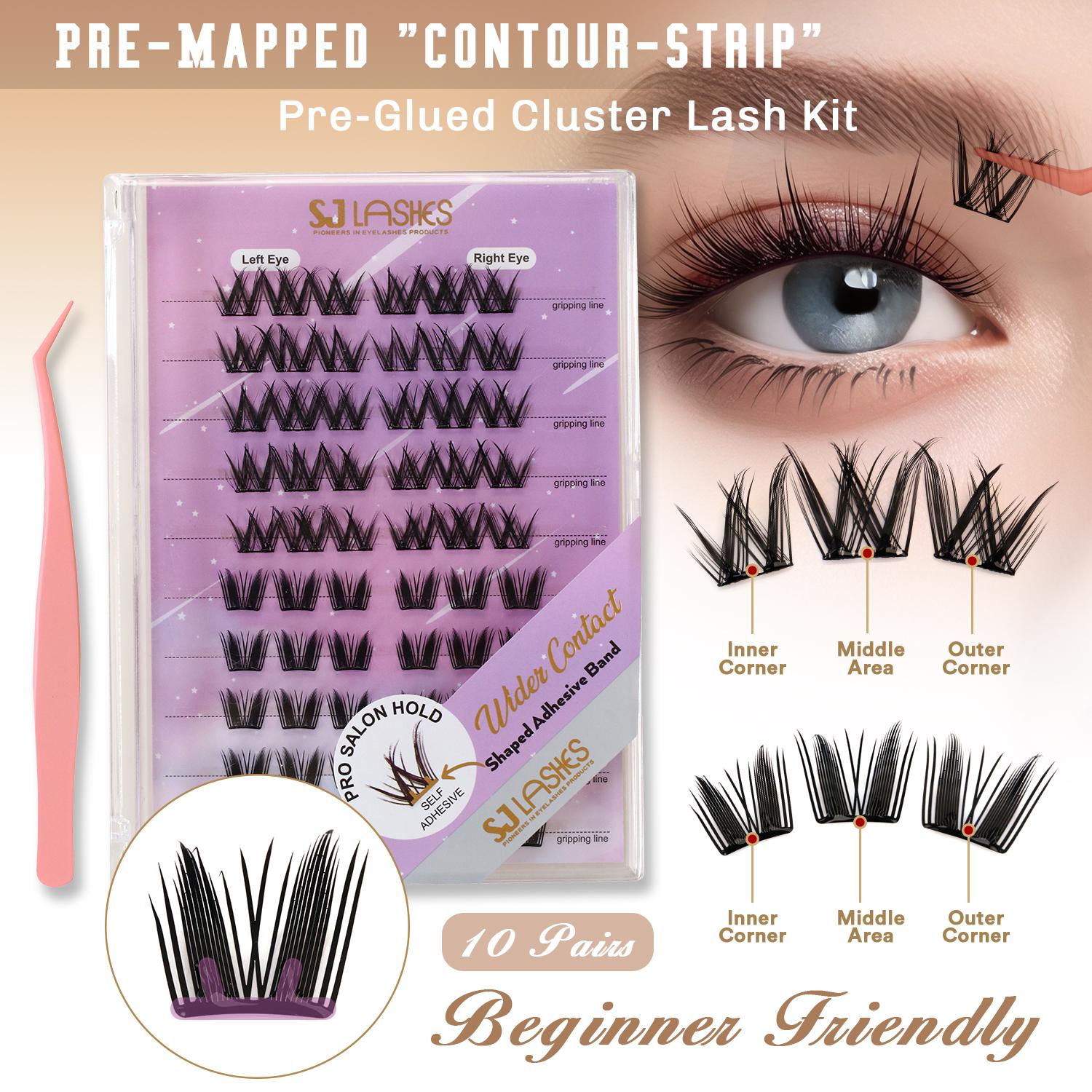 7-Day Hold Pre-Glued Cluster Lash Kit Pre-mapped Self-Adhesive Underlash Lash Kit Natural Wispy False Eyelashes #02 W shape premaped