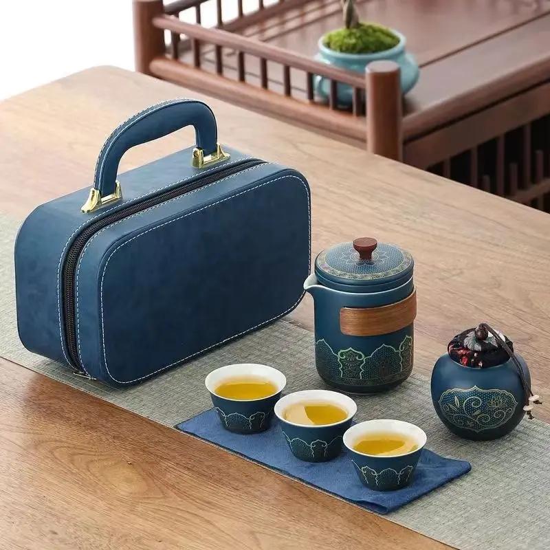 Portable Travel Tea Set Small Set Outdoor Ceramic One Pot Three Cups Portable Cover Bowl with Tea Infuser Tumbler
