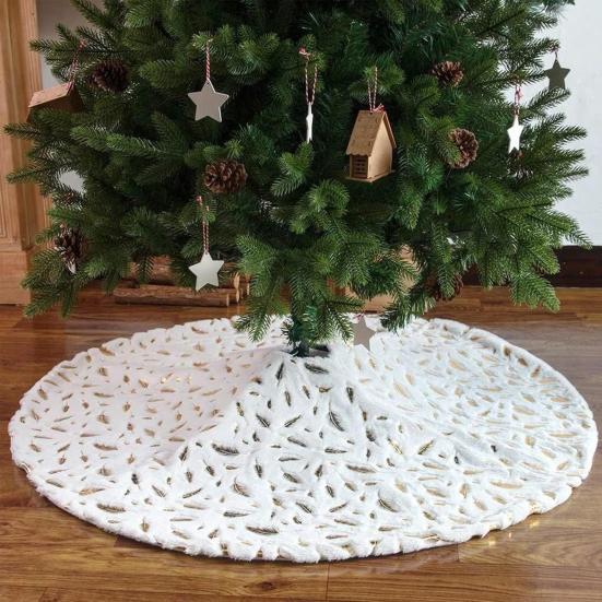 35 Inch Christmas Tree Skirt Gold Sequin Feather Snowflake Pattern White Faux Fur Tree Skirt Fluffy Plush Tree Base Mat for Holiday Home Decor
