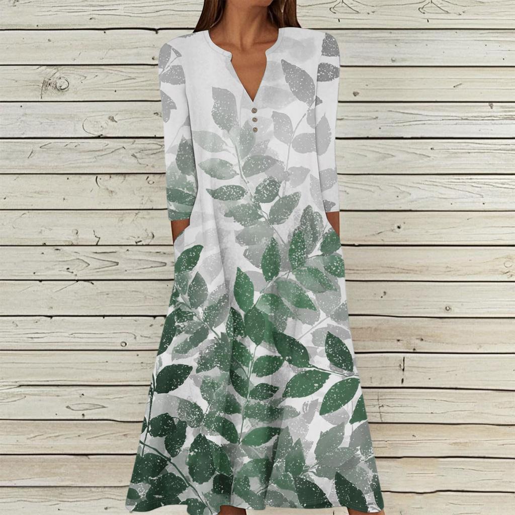 Women's Summer Casual V-Neck Button Vintage Floral Print Three-quarter Sleeve Long Dress With Pockets