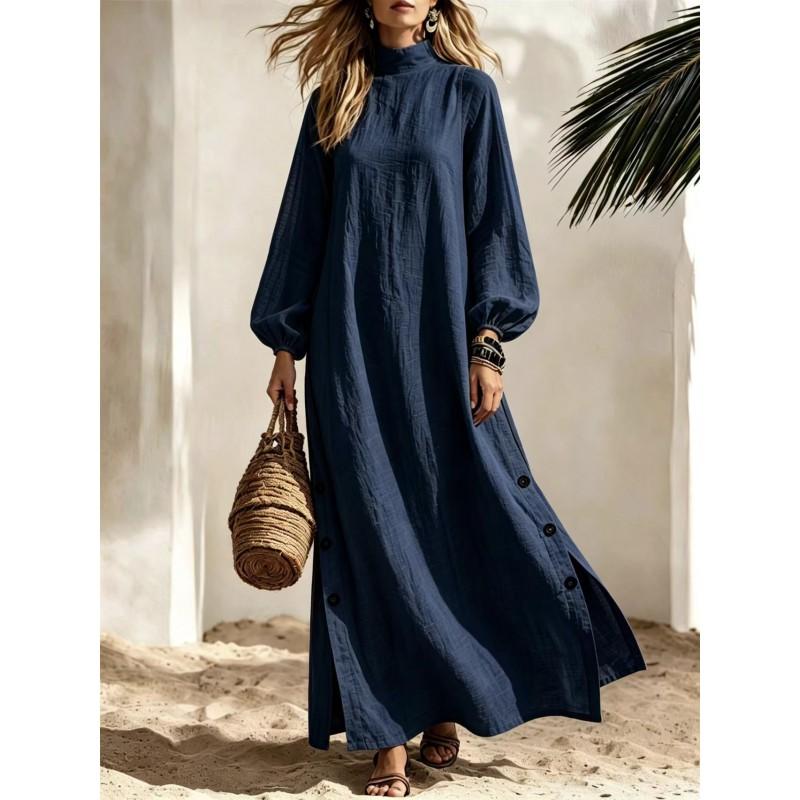 Half Turtleneck Long Dress Side Button Slit Loose Womens Fall Vacation