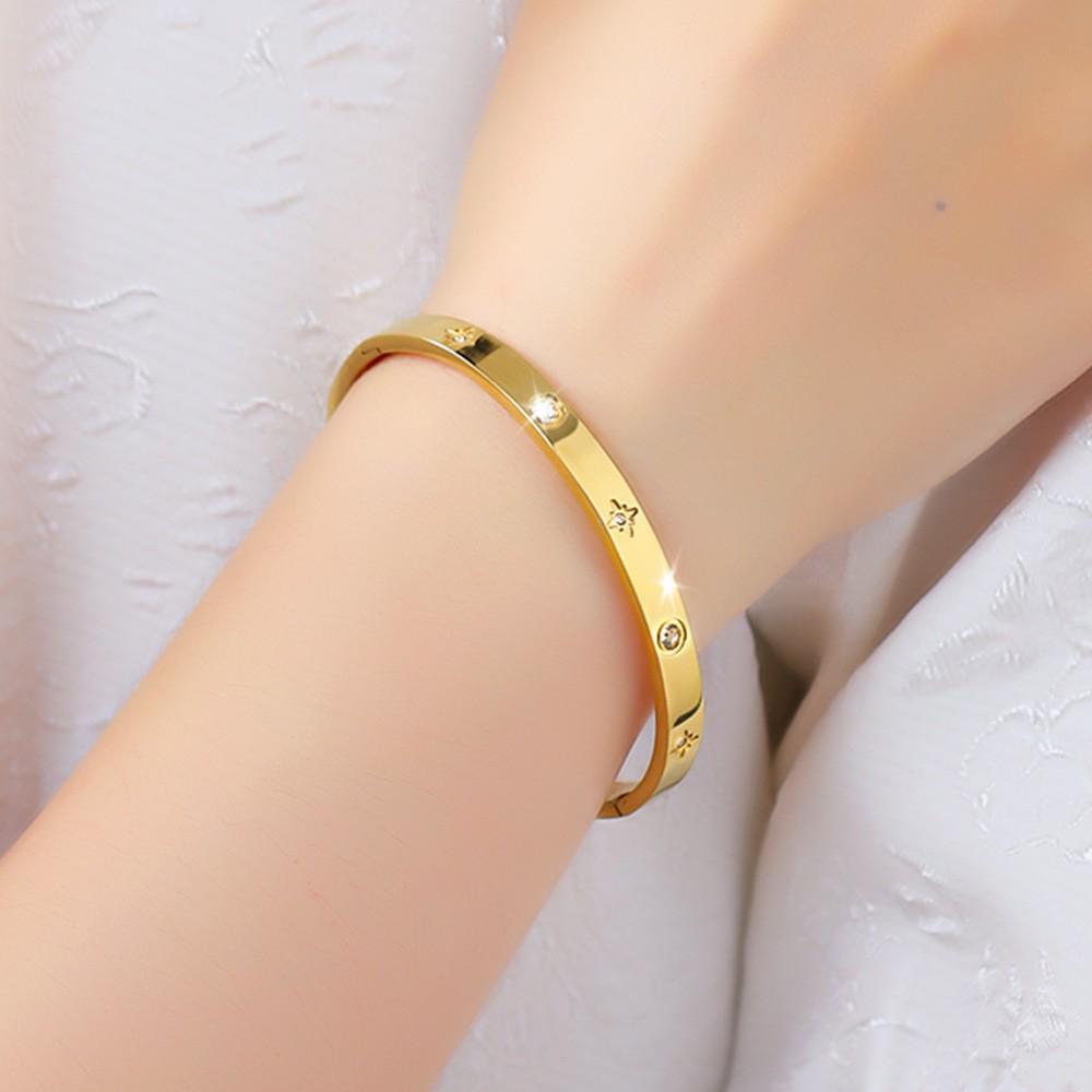 18K Gold Electroplated Stainless Steel Bracelet with Rhinestones and Eight-Pointed Star Design for Women