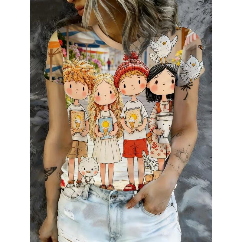 

Women s 3D Digital Printed Cute Cartoon Character Printed Short Sleeve T-shirt Healing Series Cute Top S