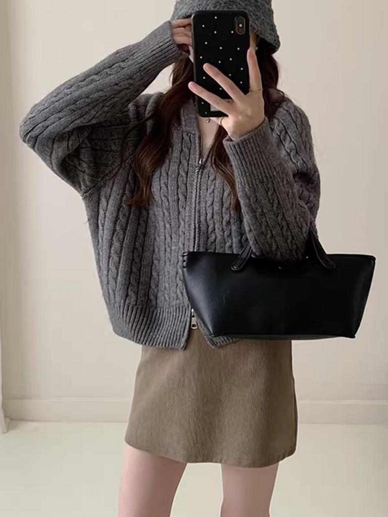 apricot lapel double zipper knitted cardigan women's spring and autumn design sense niche temperament high-end sweater jacket top