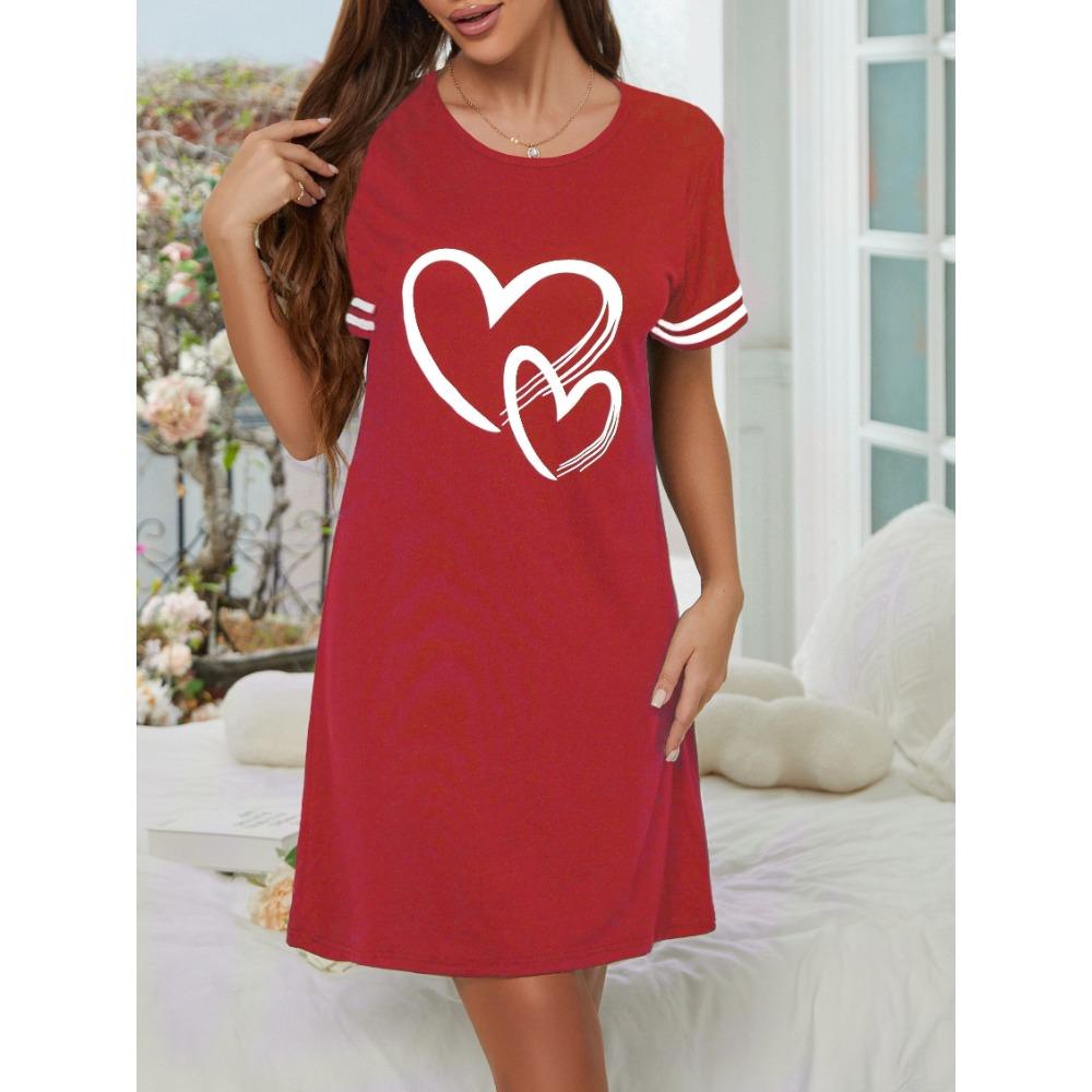 Women's Casual Short Sleeve Sleep Dress with Heart & Stripe Print - Soft Round Neck Nightgown