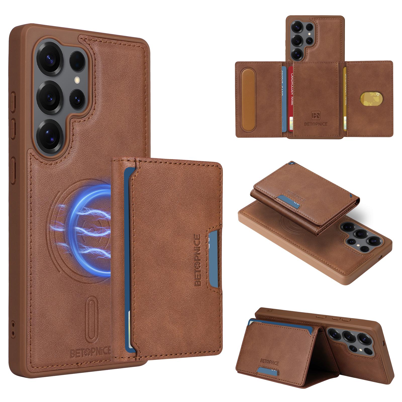 

For Samsung Galaxy S25 Ultra Magnetic Case BETOPNICE Leather Phone Cover Kickstand with Detachable Card Bag Brown