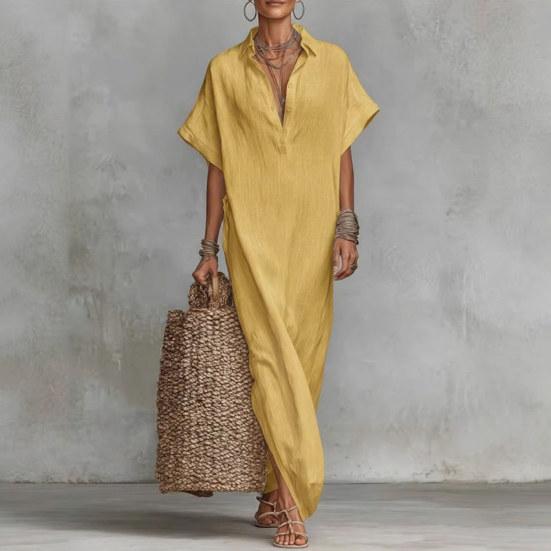 Summer Cotton Linen Dress for Women Short Sleeve Button Up Long Dress Casual Loose Beach Tunic Sundress