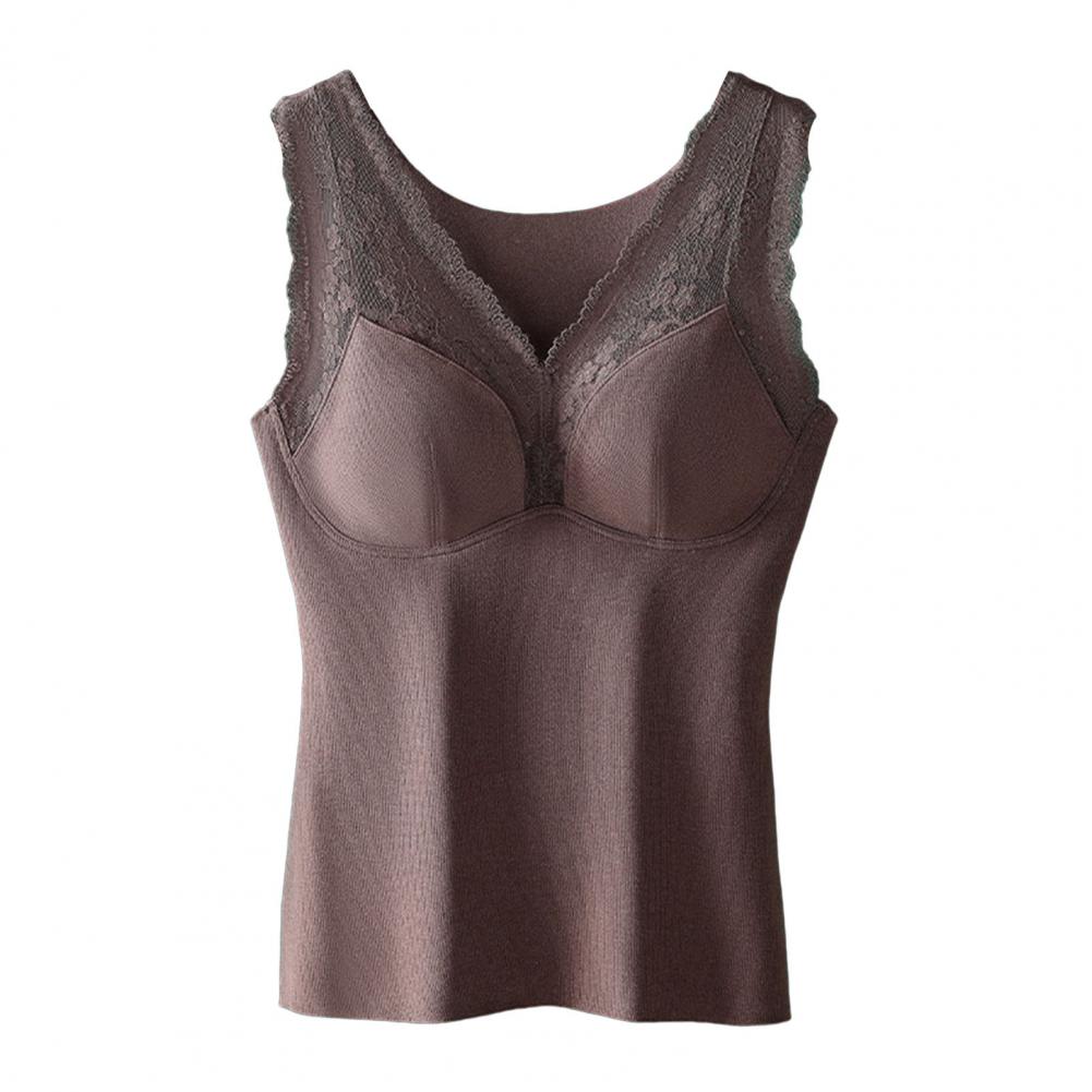 Winter Women Thermal Vest with Chest Pads Seamless Lace Fast Temperature Lock V Neck Slim Fit Elastic Sleeveless Inner Wear Bott