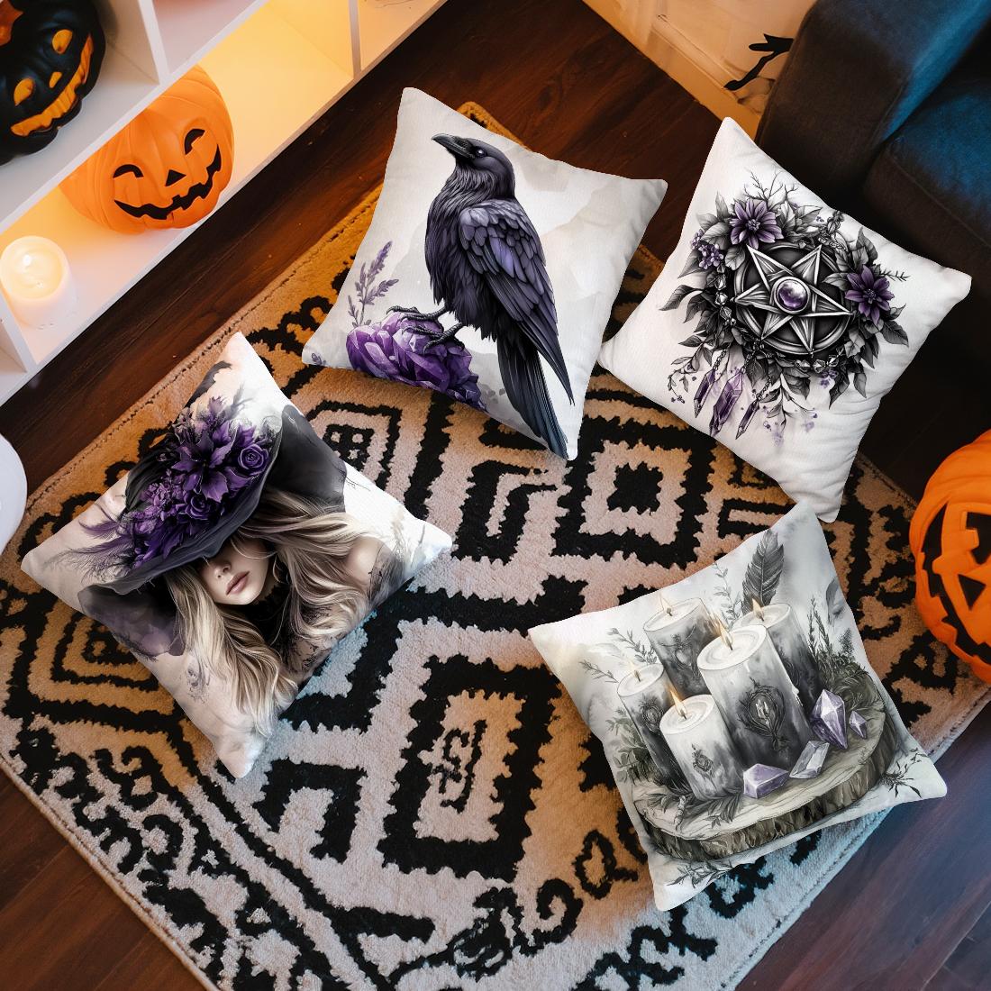Shunika Chen Unisex Witch Crow Cushion Pillowcase Printed Polyester 45X45cm Throw Pillowcover Decorative Sofa Cushion Pillowslip Home Decor