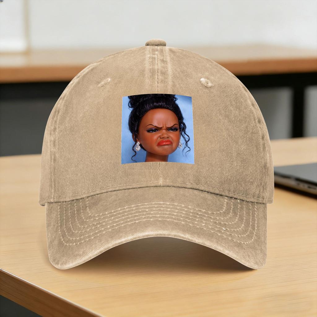 Angry Disgusted Black Doll Face Meme Washed Baseball Cap Fitted Retro Sun Trucker Hat Summer Women Unisex Kpop Rock Snapback Cap