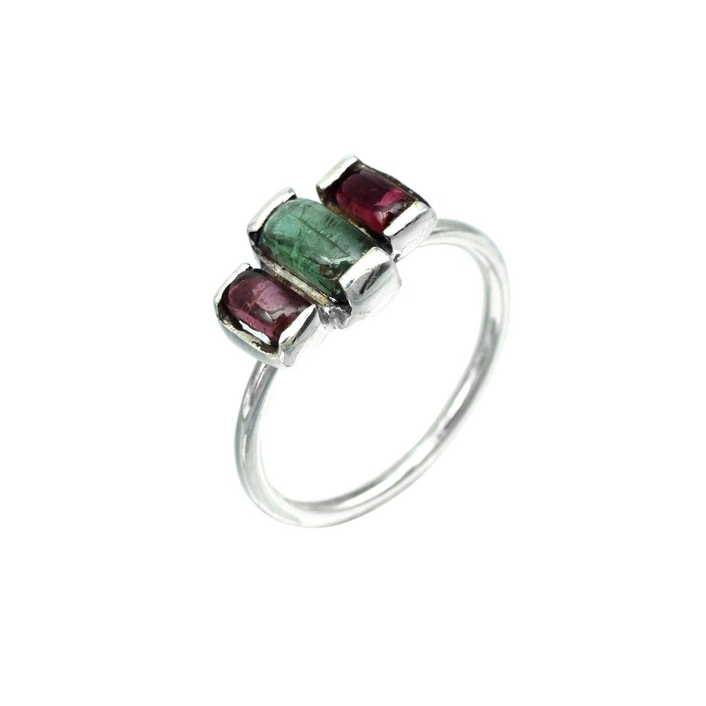 Anello Baguette in Argento Sterling 925 con Pietra Naturale Multi-Tormalina 9 US Regalo