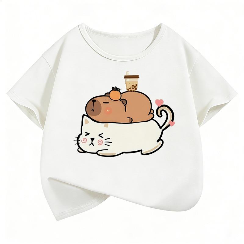Cute Cat Capybara Kids Tshirts Summer Short Sleeve Tees Cartoon Boys Girls Clothes Kawaii Kitten Tops Y2K Children T-shirt
