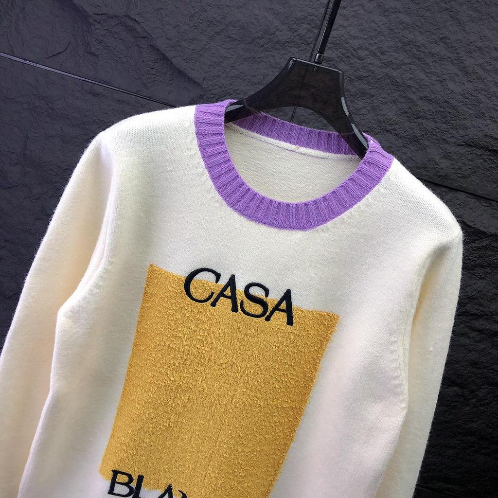 Unisex European-Style Color-Block Wool Sweater with Chest Lettering