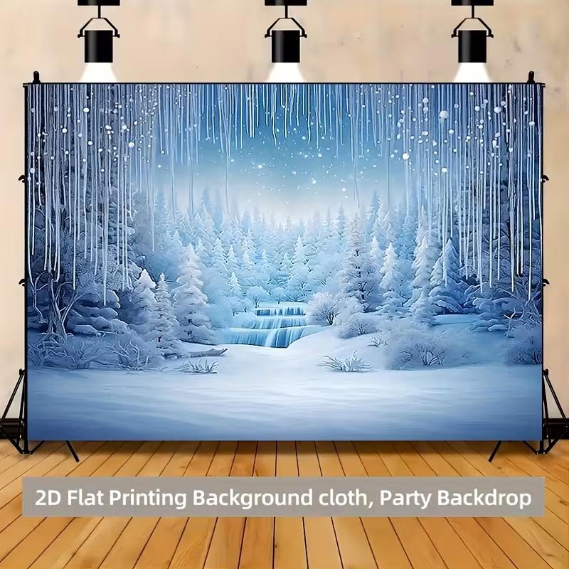 2D Holiday Photography Backdrop with Frozen Waterfall and Blue Tones