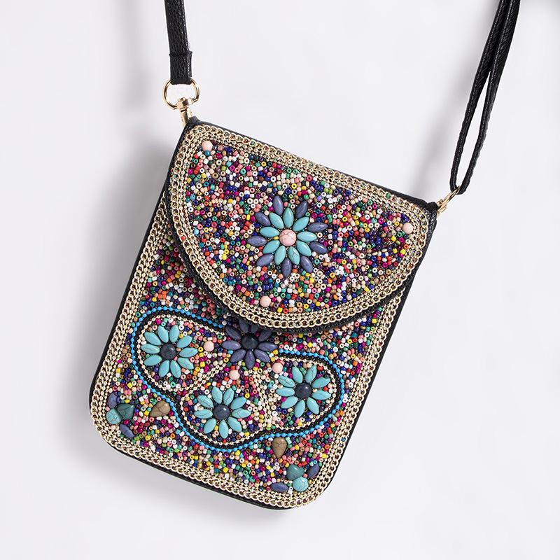 Exquisite Bohemian Style Crossbody Bag with Rice Beads, Shells, and Flowers