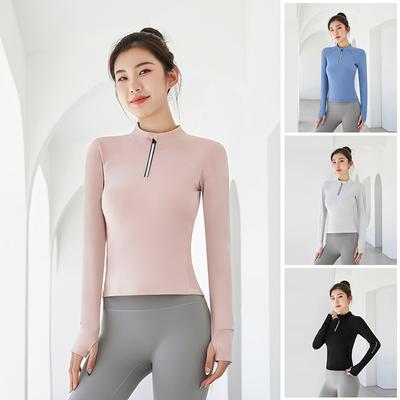 Damen-Top mit Frontreißverschluss, Outdoor-Sport-Top, Patchwork-Mesh-Yoga-Top, lange Ärmel, schmale Passform, bequemes, schnell trocknendes Pullover-Shirt