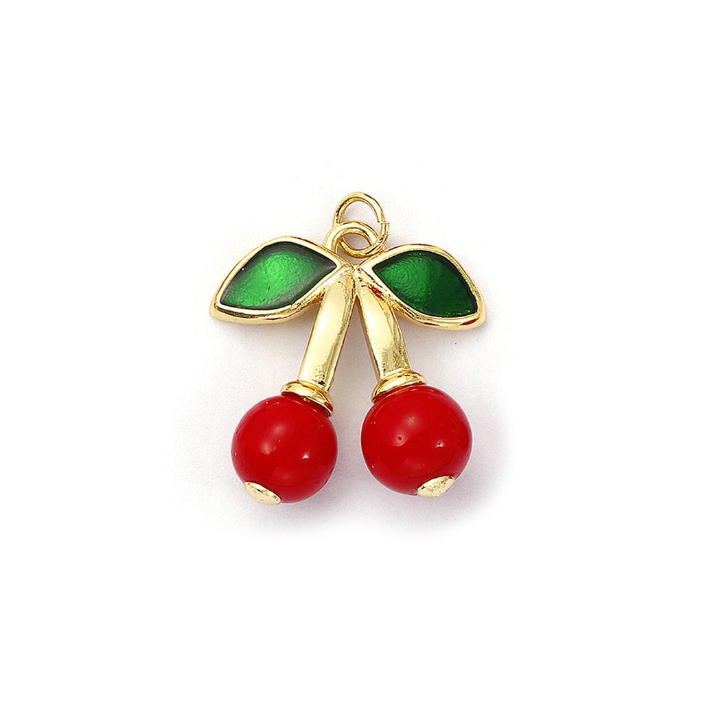 1 Piece Brass Charms 18K Gold Plated Red Cherry Fruit Cubic Zirconia Pendants For Necklace Bracelet Earrings Jewelry Making