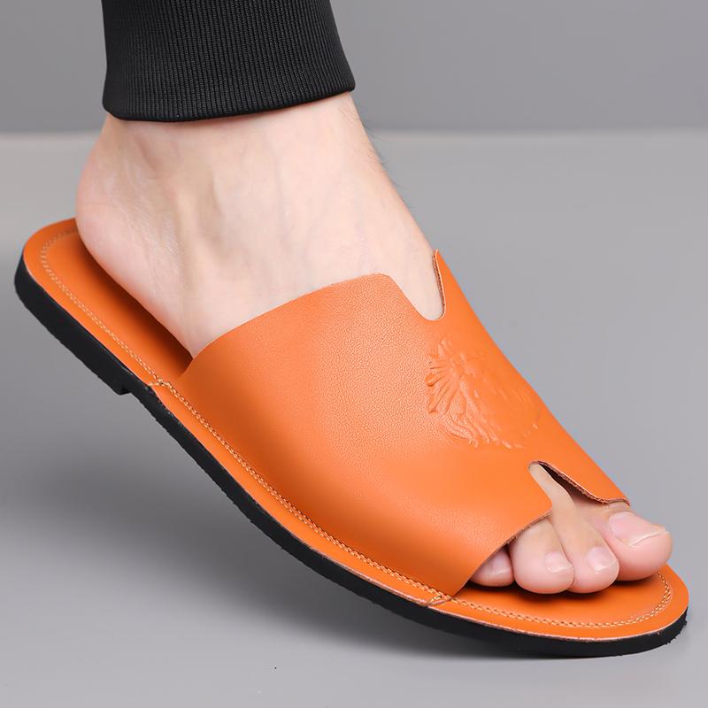 Herren Schwarz Leder Hausschuhe Handgemacht Einfache Flache Schuhe Sommer Orange Römische Sandalen Offene Zehen Strand Schuhe Übergröße