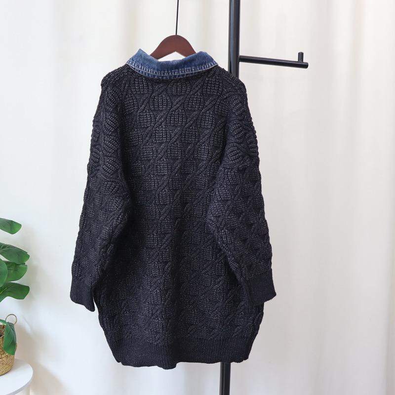 Coarse needle sweater lazy wind women's autumn and winter new loose splicing denim knitted cardigan long coat