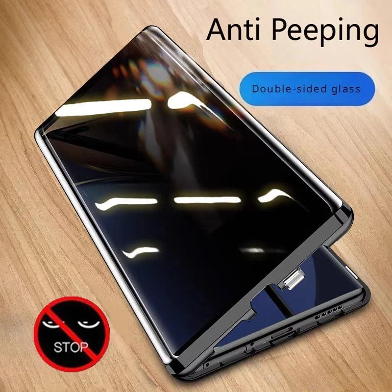 Protect Anti Peeping Privacy Double Sided Tempered Glass Phone Case For Redmi 12 13 14 Pro Plus 5G Metal Magnetic Cover