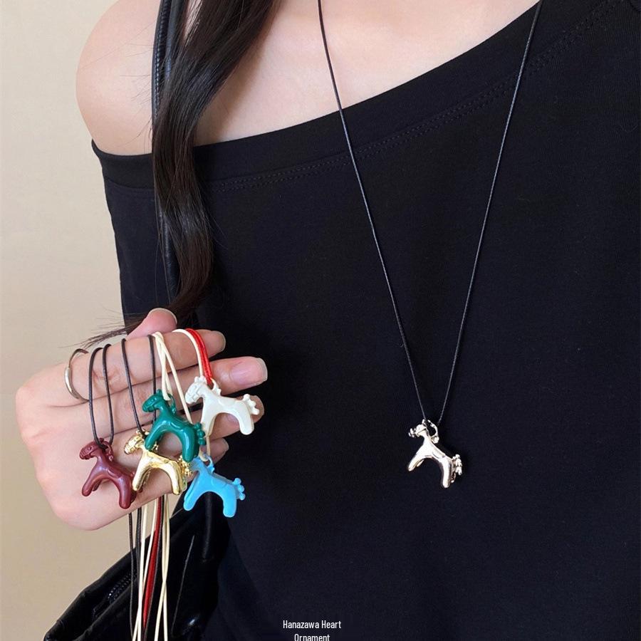 2025 Retro Red Drip Glaze Pony Pendant Necklace: Elegant Women's Long Sweater Chain Accessory