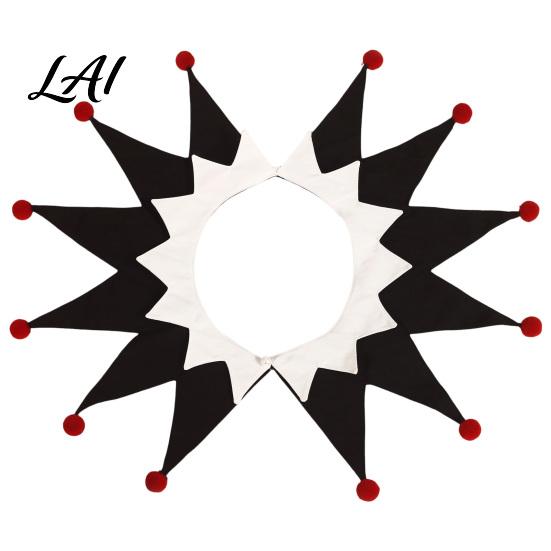 Detachable Clown Collar Halloween Pointed Fake with Pom Poms Black White Red Triangle Jester Neck Shawl for Christmas Party Stage Cosplay Easy