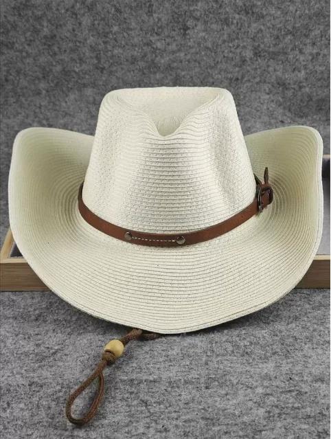 57-62CM Un cappello da cowboy western a tesa larga da uomo e da donna, cappello jazz alla moda, cappello da sole estivo da spiaggia con corda antivento