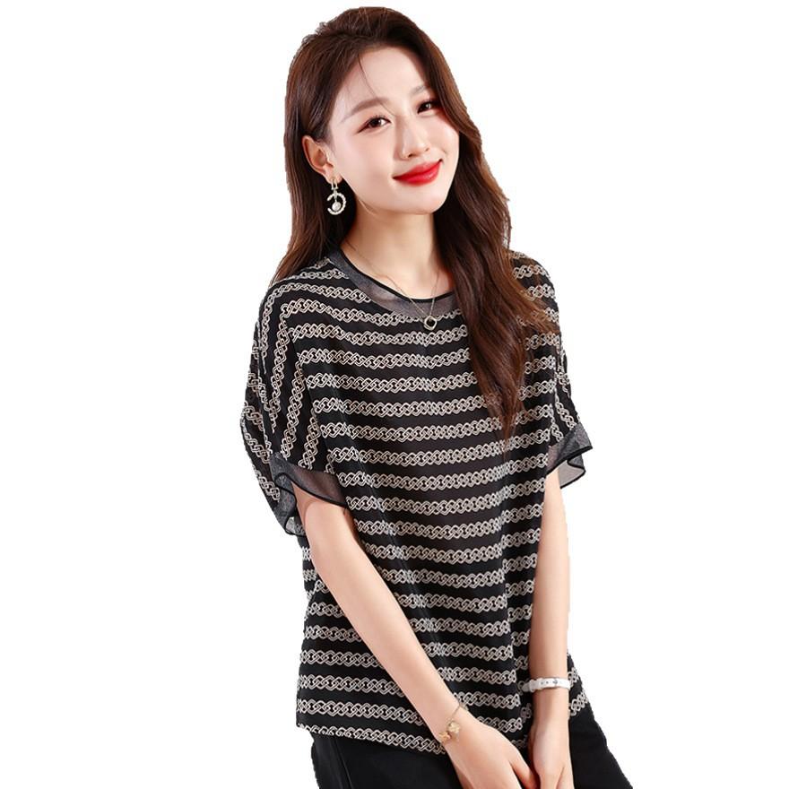 Silk shirt women's large size loose summer new mulberry silk striped short-sleeved top