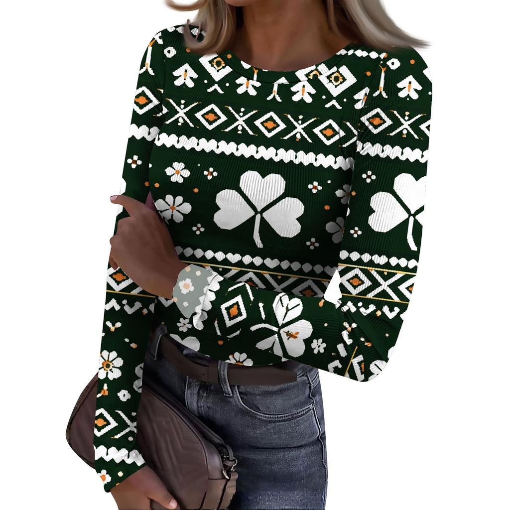 Women's And Winter Slim T-shirt Fashion Casual Printing Round Neck Pullover Long Sleeve Top