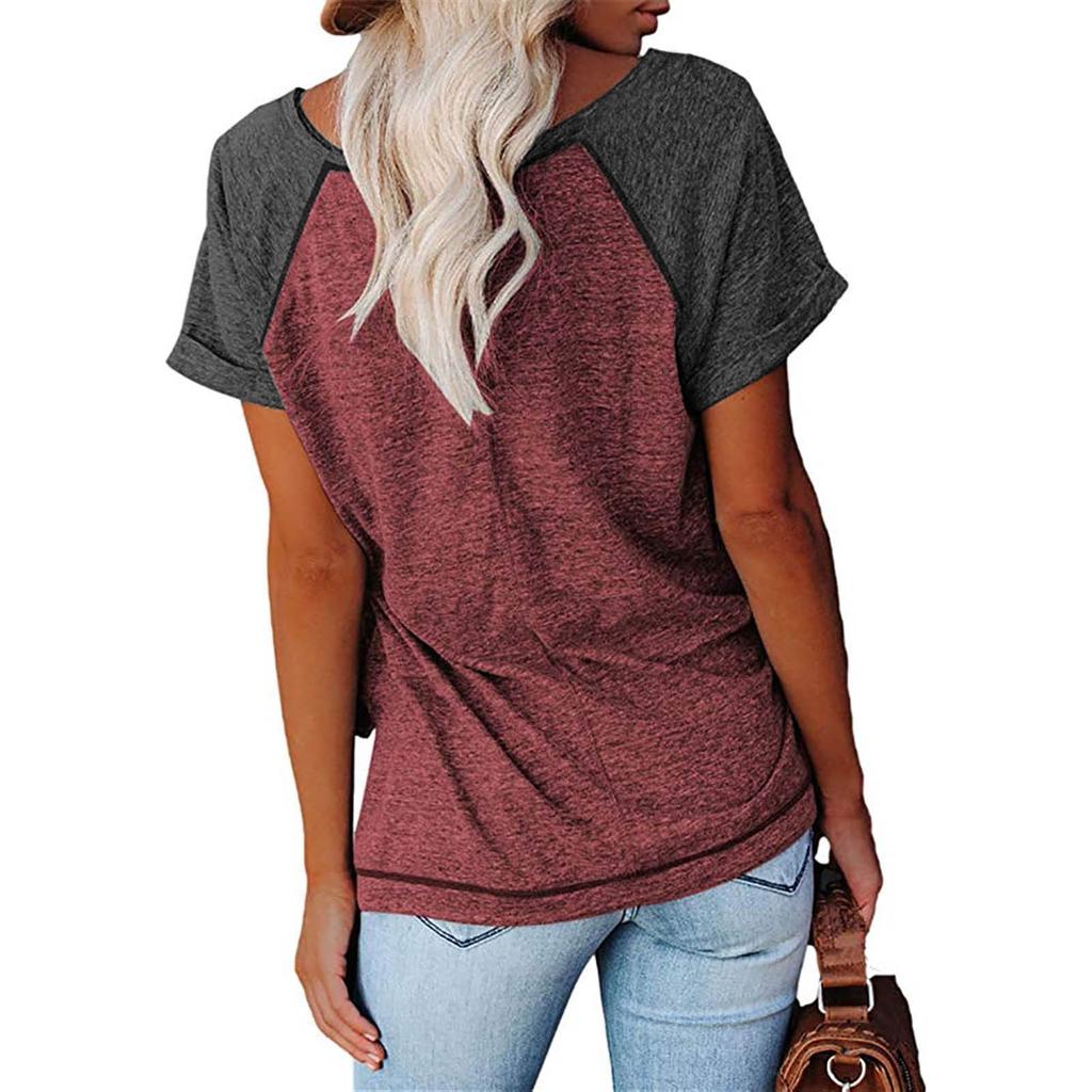 Fashion Womens Solid Color Splicing Round Neck Casual Short Sleeves Tops