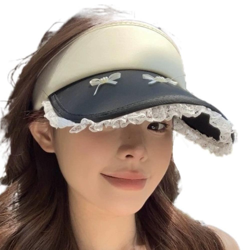 Bowknot Lady's Sun Hat Lace Brim Sun Protection Hat Cartoon Empty Top Cap  Girls