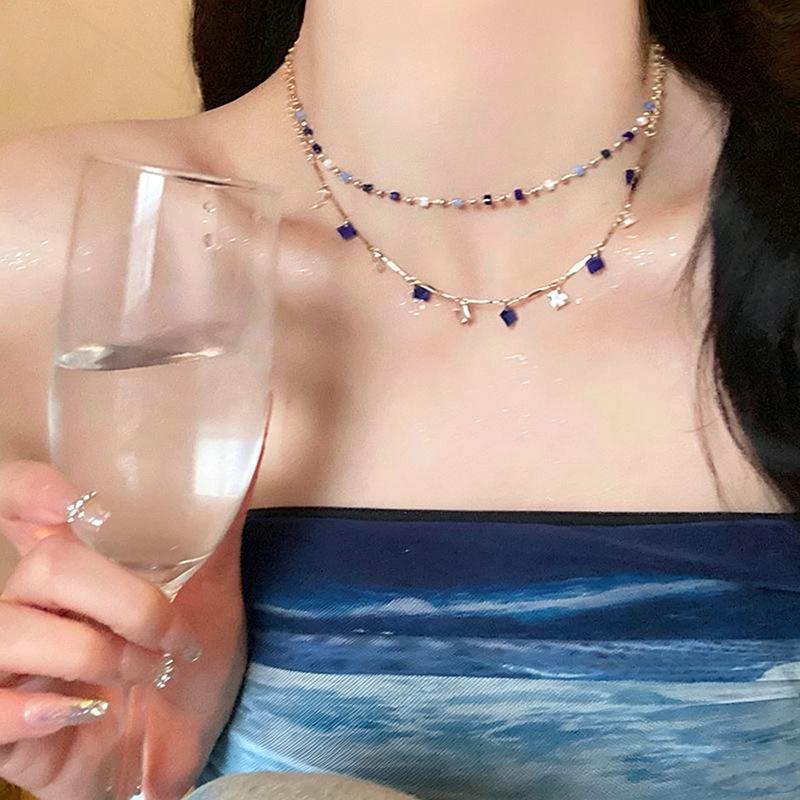 Fashion Colored Zircon Bead Necklace for Women Girls Exquisite Geometric Double-Layer Small Square Pendant Necklace Jewelry Gift