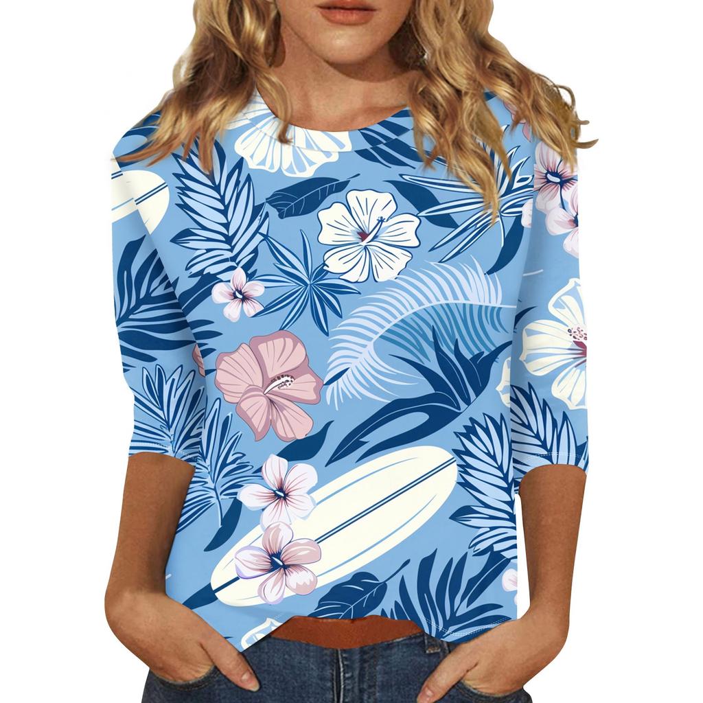 Women's Floral Print Round Neck Top With Three Quarter Sleeves T-Shirt Three Quarter Sleeves T-Shirt
