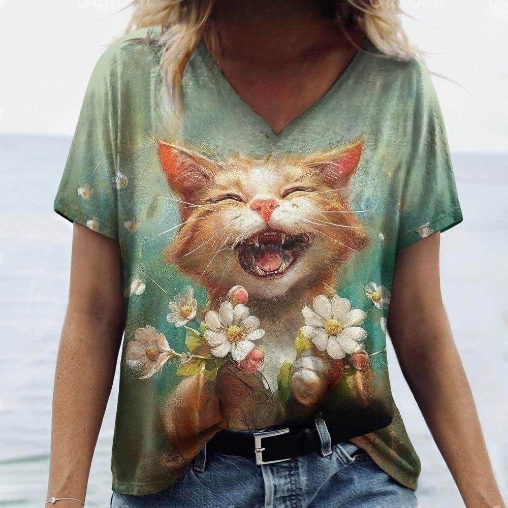 T-Shirts Women's Fashion T-Shirt Cat Print Casual Comfort Short Sleeve Crew Neck Pullover Clothing