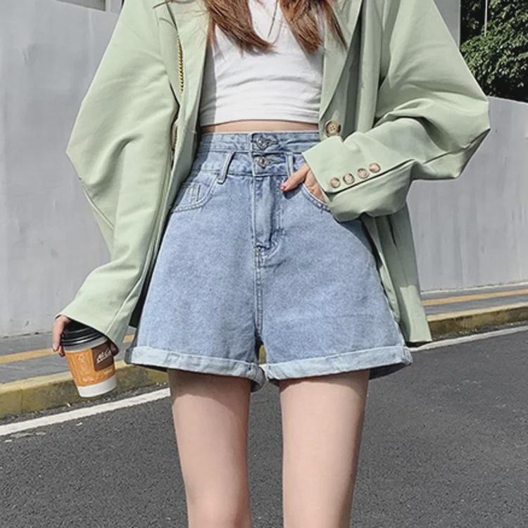 2021 Summer High-Waist A-Line Wide-Leg Denim Shorts for Women