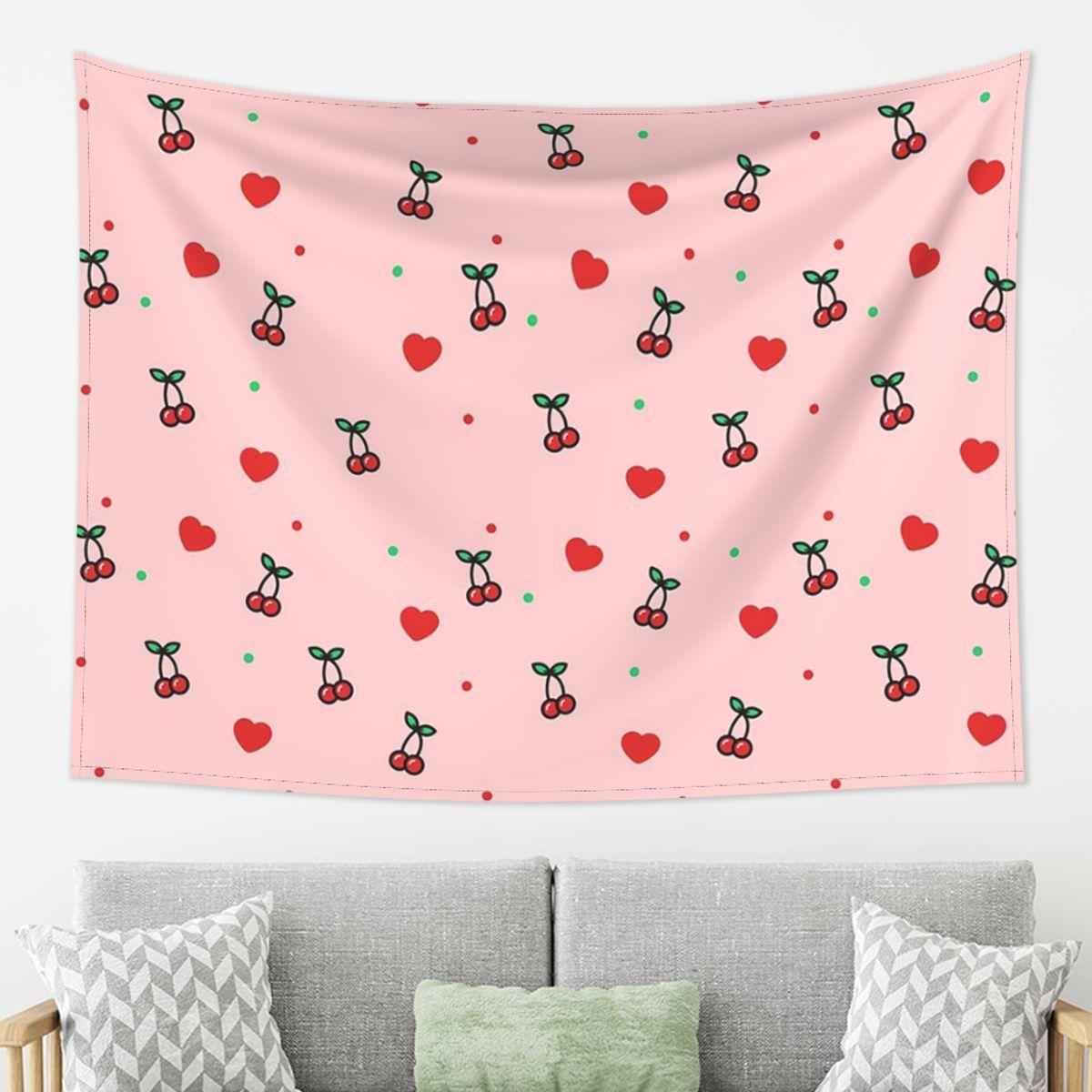 Cherry Heart Design Pattern With Pink Background Tapestry Wall Hanging Aesthetic Home Decor Tapestries for Living Room Bedroom 74x94cm(29x37in)