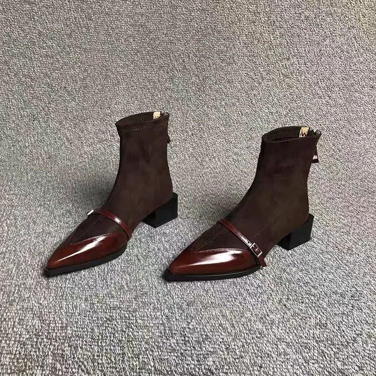 Short Boots Women's 2025 Winter Thick Heel Pointed Women's Leather Shoes Retro Cowhide Splicing Short Boot Thin Ankle Boots