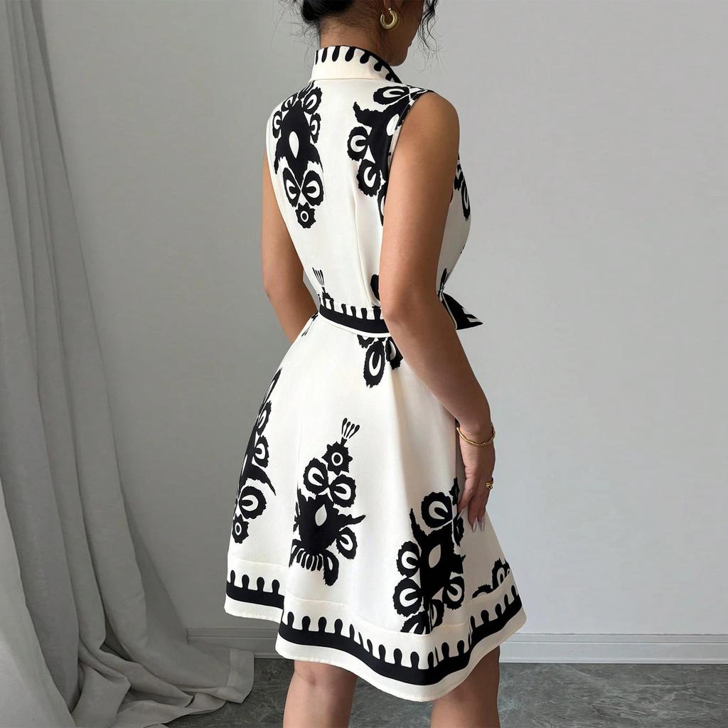Women's Fashion Lapel Button Print Waist Tie Sleeveless Dresses