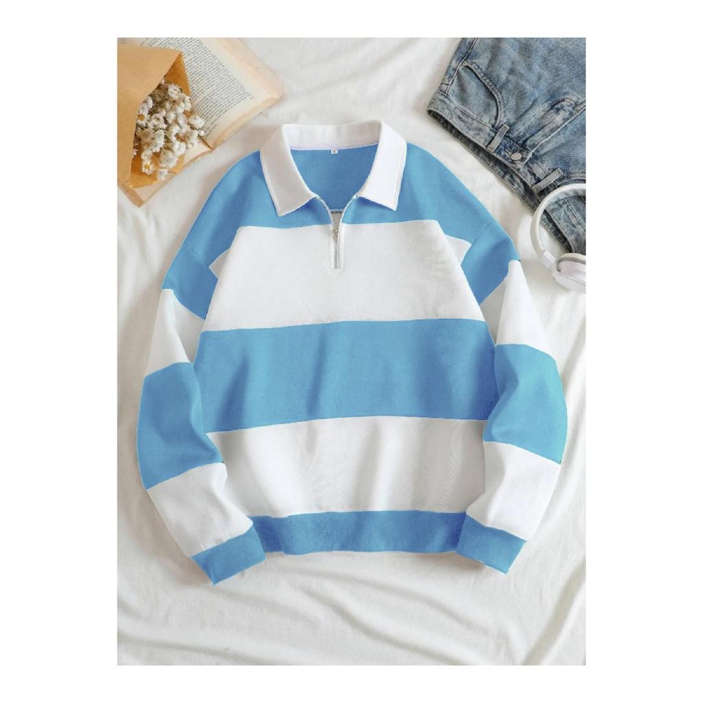 Unisex Green Striped Oversize Polo Neck Half Zipper Sweatshirt