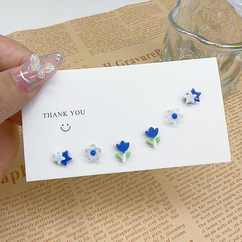 

Sweet Plastic Needle Stud Earrings Resin Camellia Bow Earrings Plastic Needle Anti-Allergy Ear Piercing No Fading Earrings Cold light blue [3 pairs]]