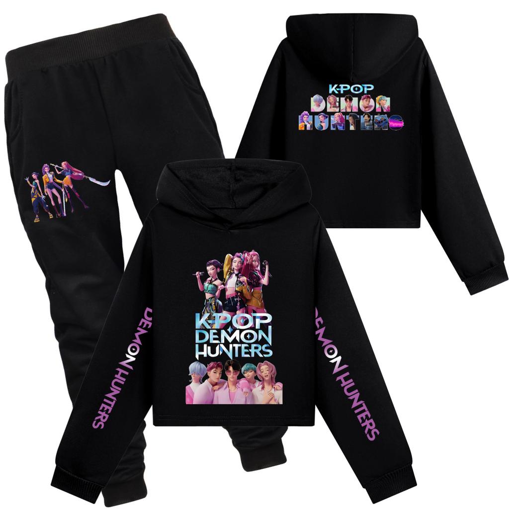 Girls Clothing Sets Kpop Witch Hunt Girls' Half Waist Short Hoodie Single and Double Sleeve Printed Casual Set
