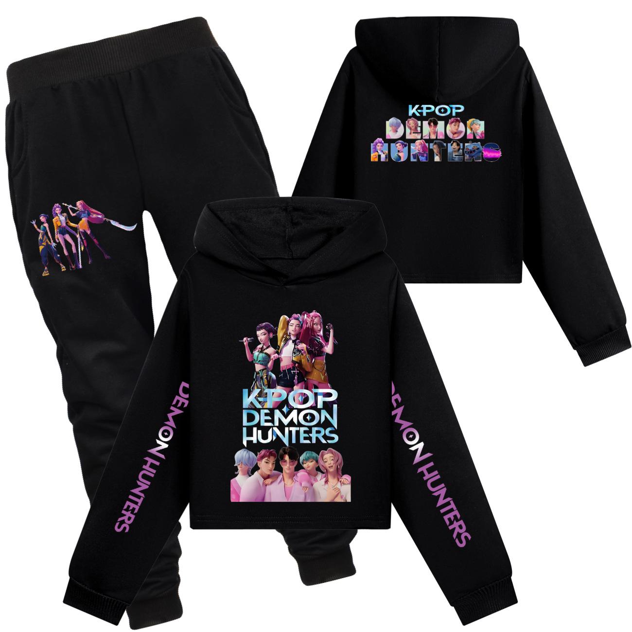 

Комплекты одежды для девочек Kpop Охота на ведьм Девочки Полуприлегающее короткое худи Одинарный и двойной рукав С принтом Повседневный комплект 120 чёрный