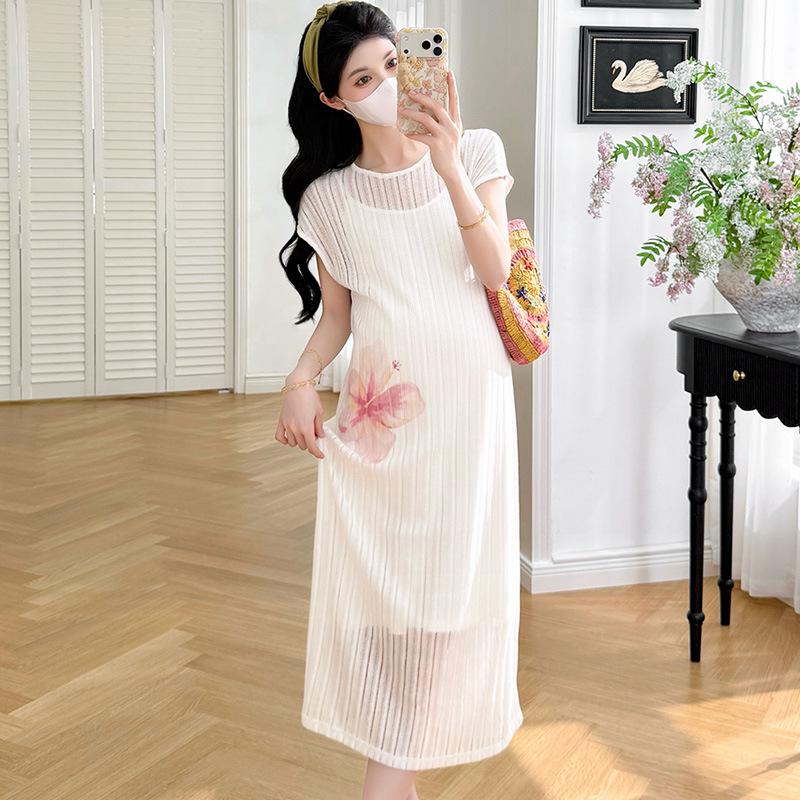 Summer 2026 Korean Style Maternity Dress Set: Elegant White French Spaghetti Strap Two-Piece