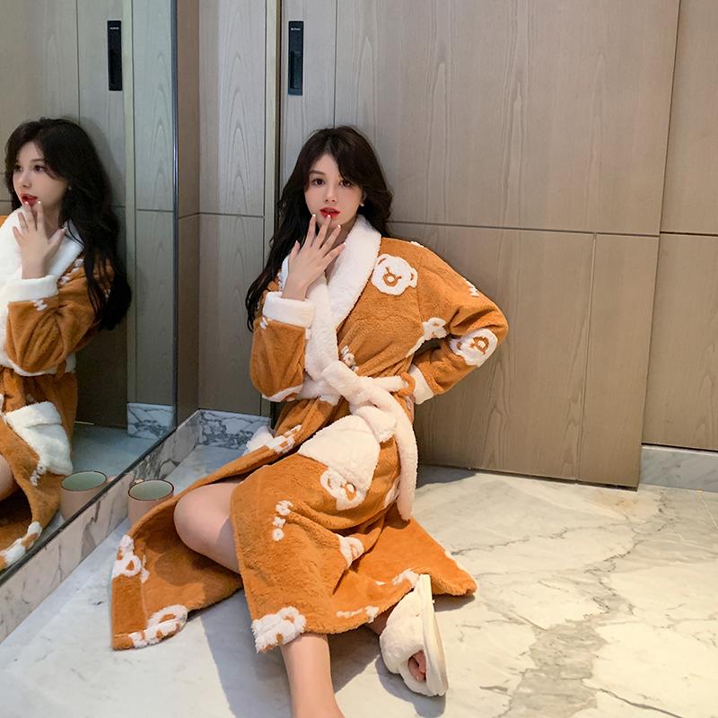 Kontrastní barva Jednoduché Zimní Nové Dámské Pyžamo Sladké a Šik Zesílené Teplé Dámské Flanelové Pyžamo s Dlouhým Rukávem