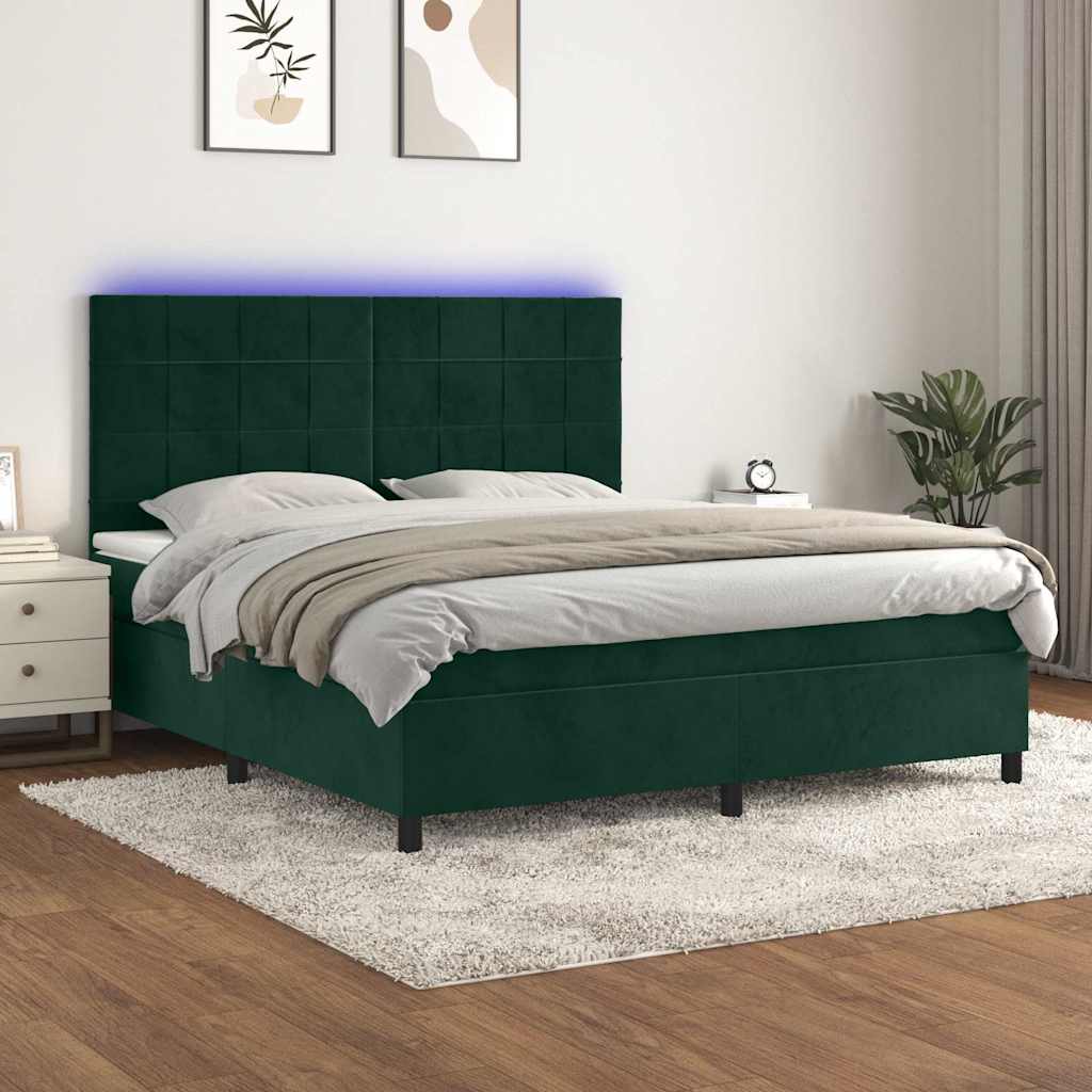 Box Spring Bed with Mattress & LED Dark Green 180x200 Cm Velvet
