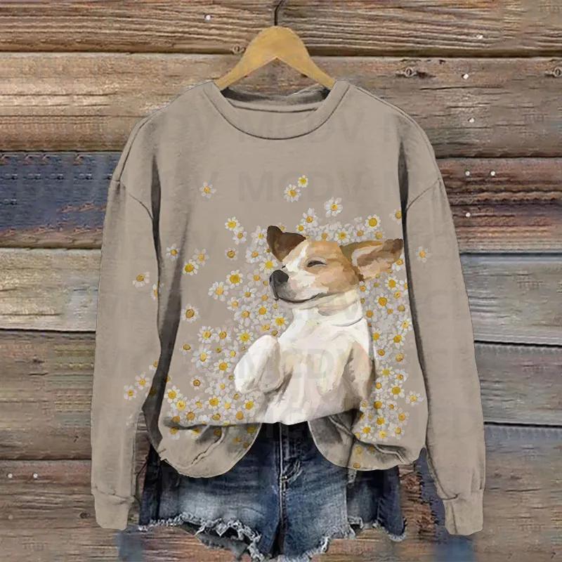 Dandelion Daisy Watercolor Ink Puppy Animal Art Design Print Sweatshirt 3D Printed Women Casual Pullover