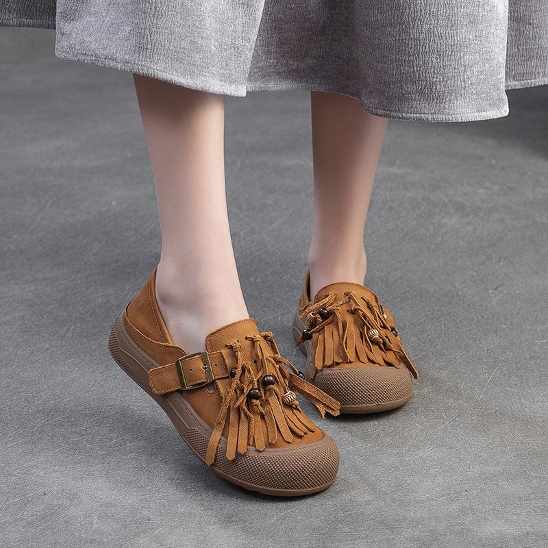 Fashion Spring Autumn genuine leather flat shoes for women with soft soles tassel retro women's shoes with top layer cowhide casual shoe